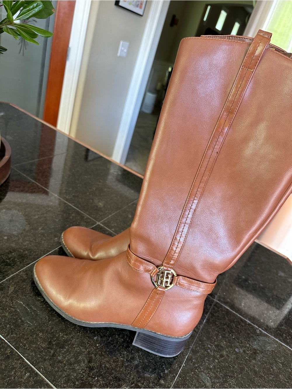 Tommy Hilfiger Tan/Brown Leather Mid-Calf Riding Boots